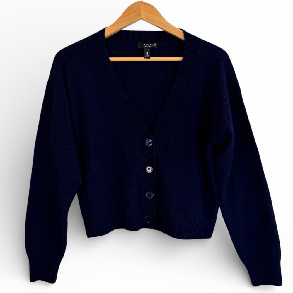 Aqua Cashmere 100% cashmere Navy V-Neck Cropped Cardigan M